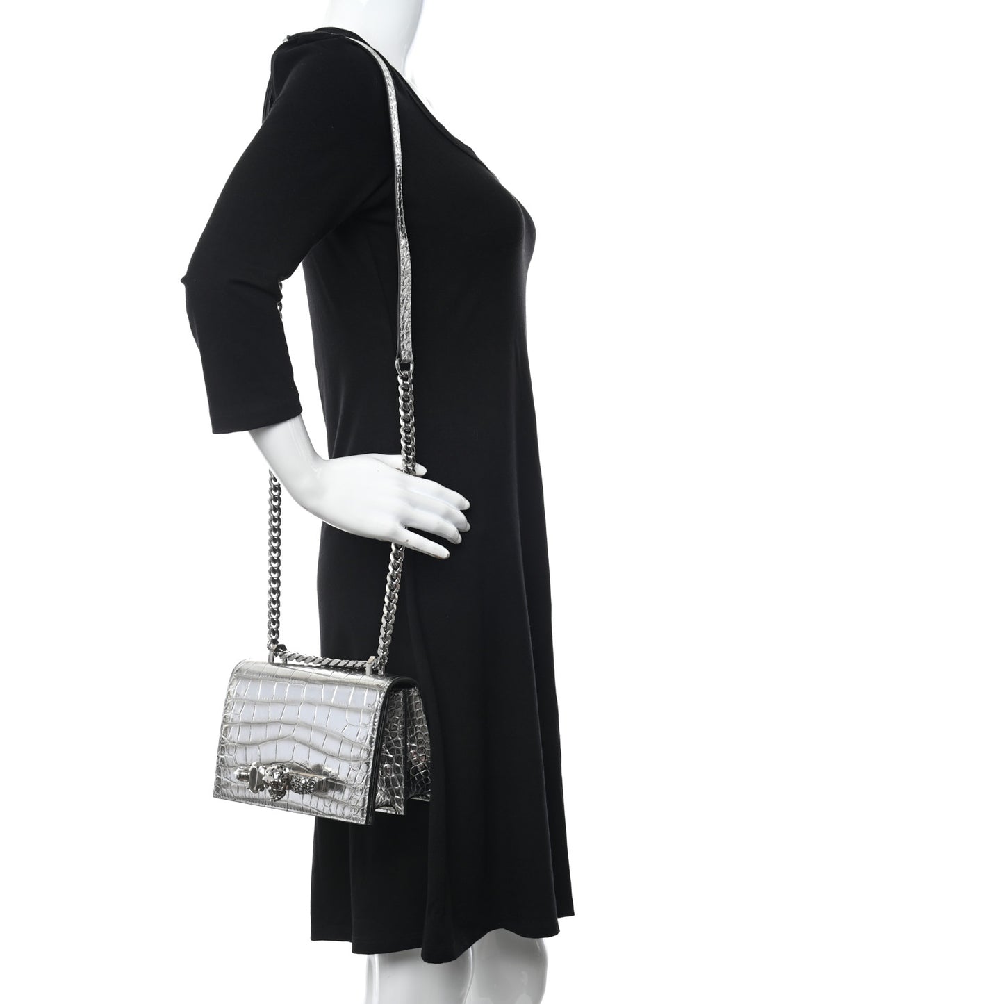 Metallic Crocodile Embossed Jeweled Satchel Silver