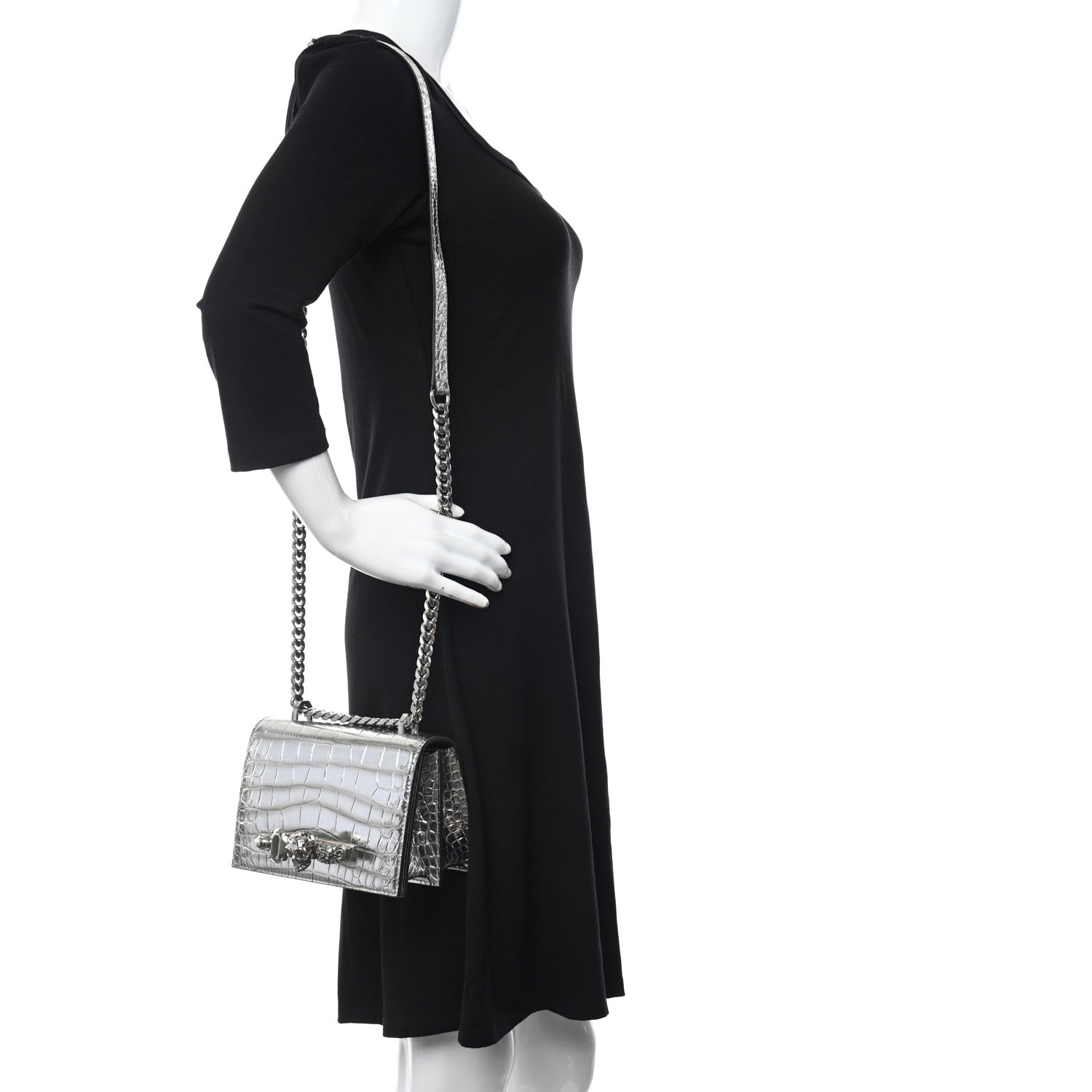 Alexander McQueen Metallic Crocodile Embossed Jeweled Satchel Silver 2 of 7