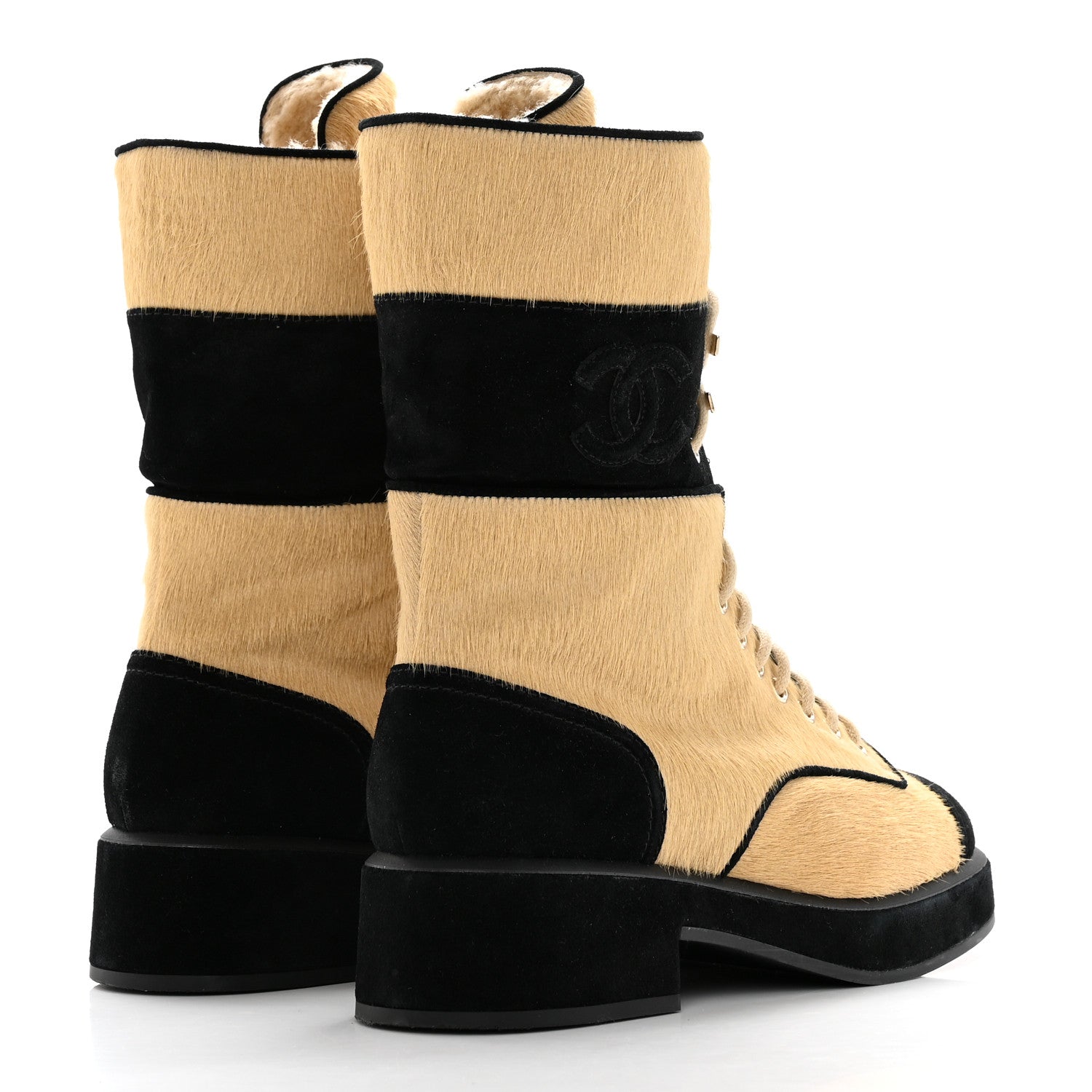Chanel Suede Pony Hair Shearling Lace Up Combat Boots 40 Beige Black 4 of 15