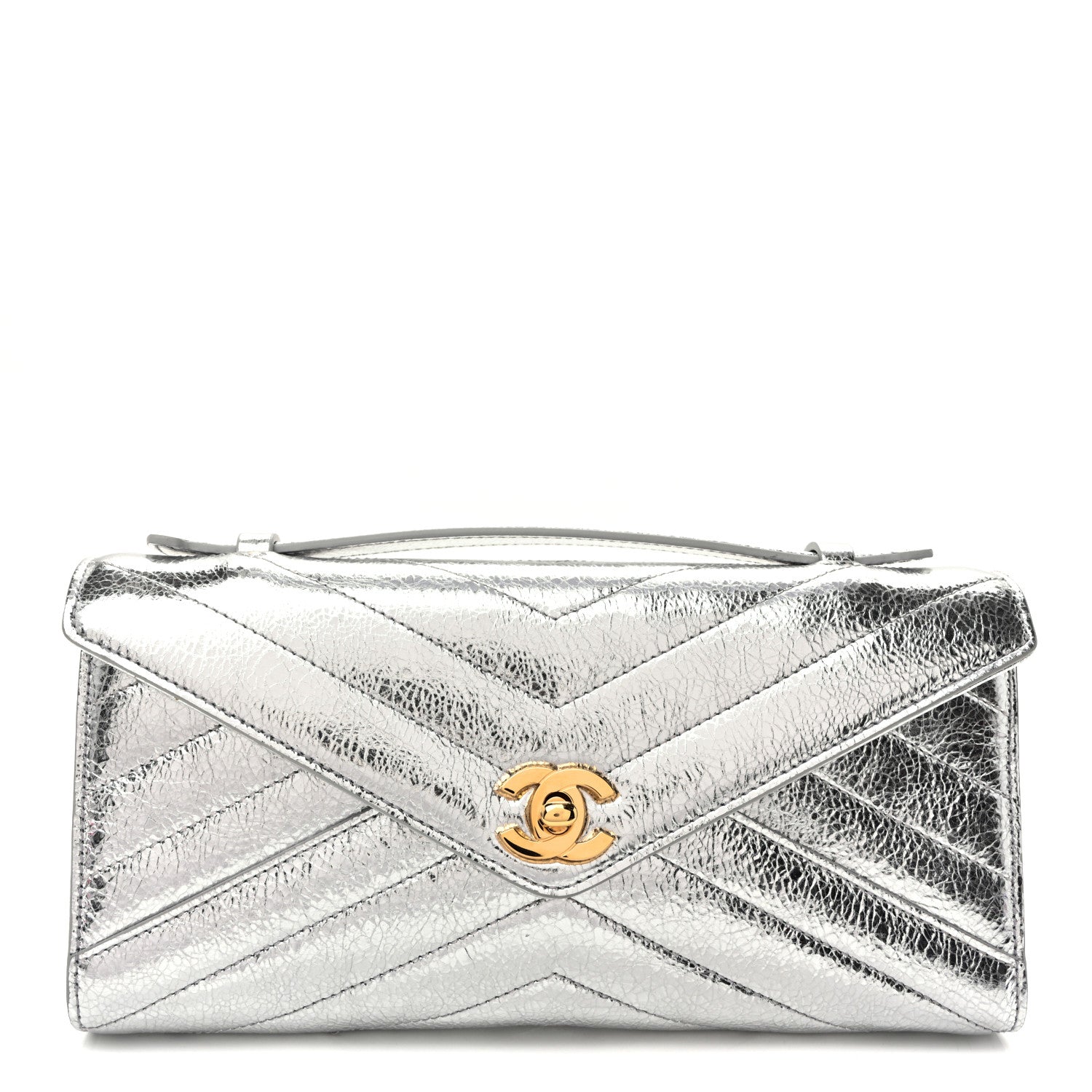 Chanel Metallic Aged Calfskin Chevron Quilted Top Handle Envelope Clutch Silver 1 of 10