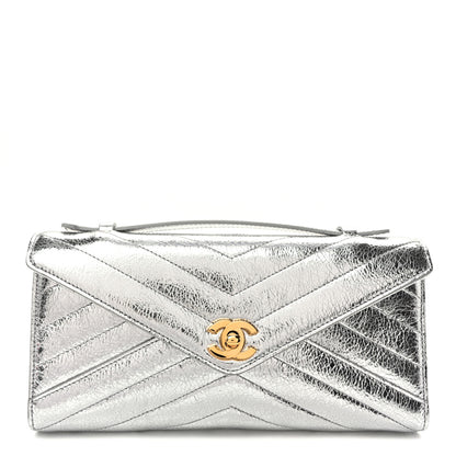 Chanel Metallic Aged Calfskin Chevron Quilted Top Handle Envelope Clutch Silver 1 of 10
