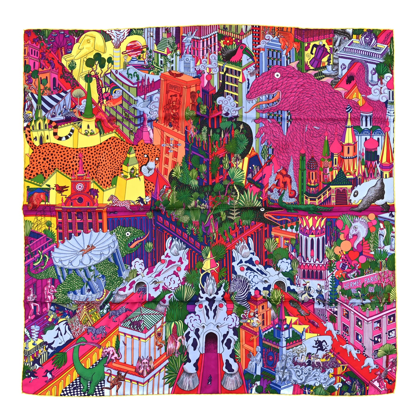 Silk Animapolis Scarf 90 Fuchsia Vert Jaune Vif