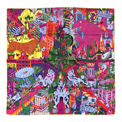 Hermes Silk Animapolis Scarf 90 Fuchsia Vert Jaune Vif 1 of 3
