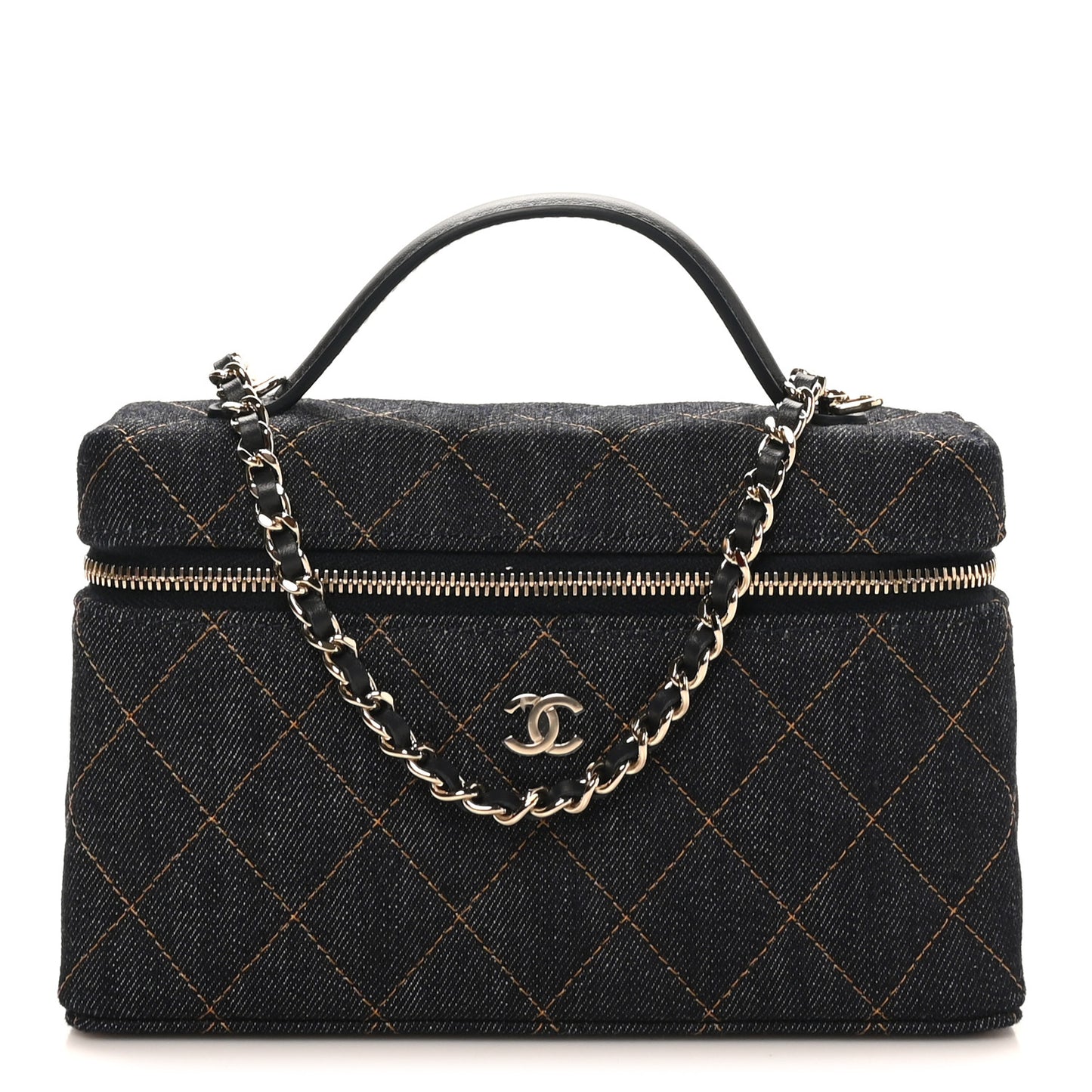 Denim Quilted Top Handle Slim Vanity Case With Chain Dark Blue Orange