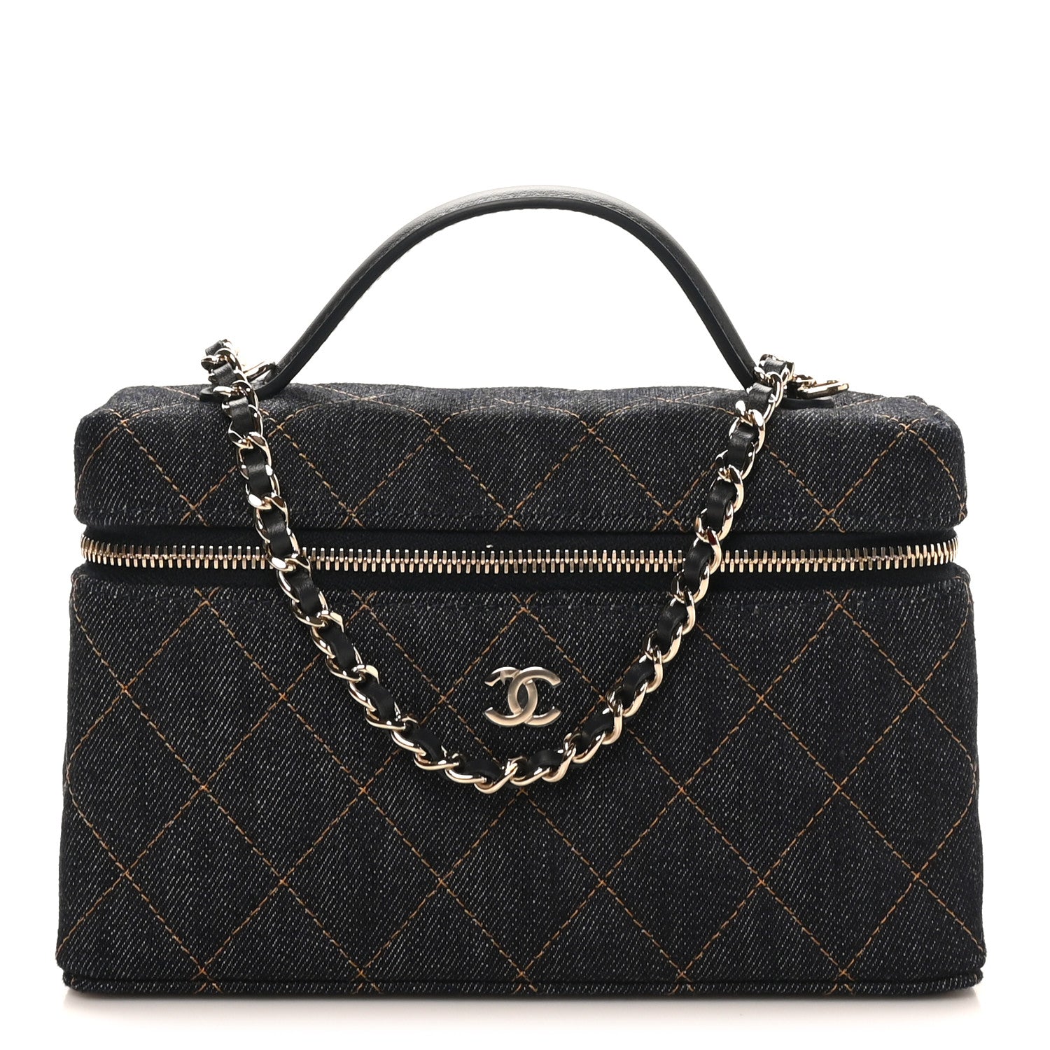 Chanel Denim Quilted Top Handle Slim Vanity Case With Chain Dark Blue Orange 1 of 11