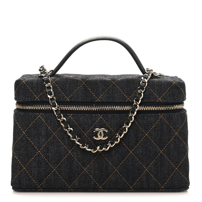 Chanel Denim Quilted Top Handle Slim Vanity Case With Chain Dark Blue Orange 1 of 11