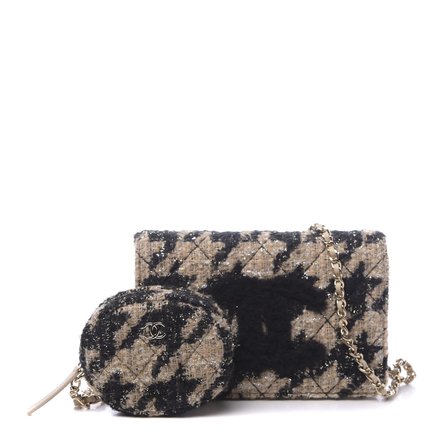 Tweed Shearling Quilted Wallet On Chain WOC and Coin Purse Beige Black