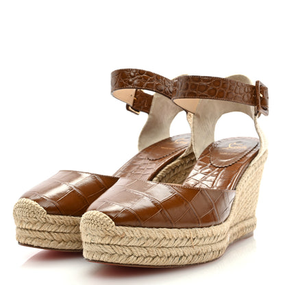 Christian Louboutin Calfskin Crocodile Embossed Amelia 90 Espadrille Wedges 39 Brown 3 of 7