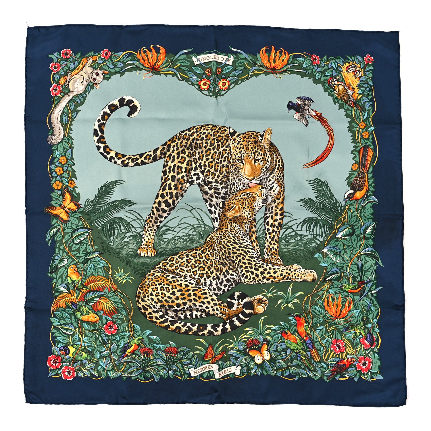 Hermes Silk Jungle Love Scarf 90 Marine Vert Orange 1 of 3