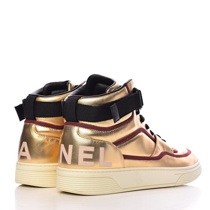 Chanel Metallic Satin Lambskin Mens Logo High Top Sneakers 44 Gold Burgundy 4 of 14