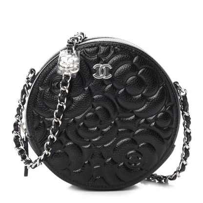 Chanel Caviar Camellia Embossed Round Clutch With Chain Black 1 of 11