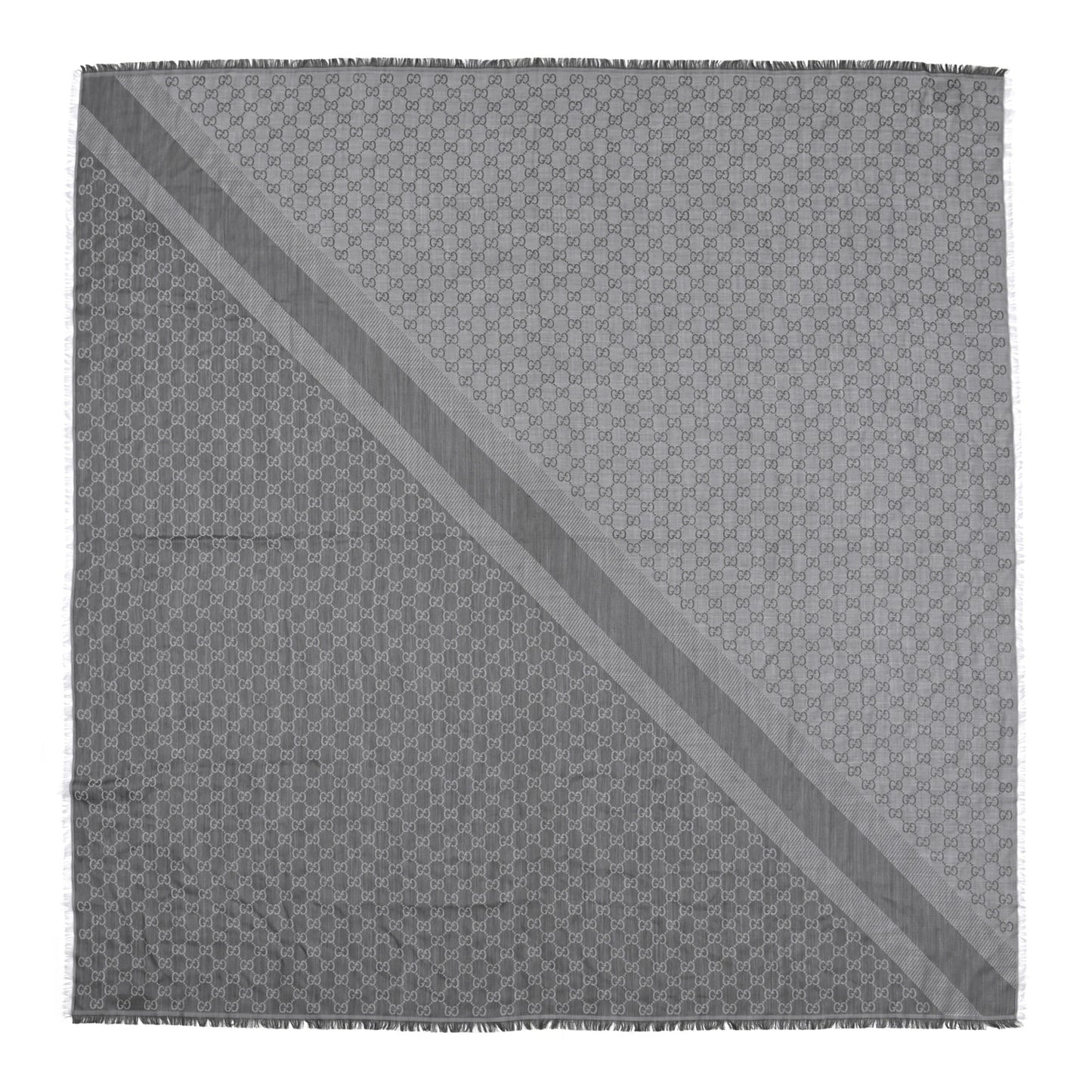 Wool Silk Monogram GGWeb Fringe Shawl Pearl Medium Grey