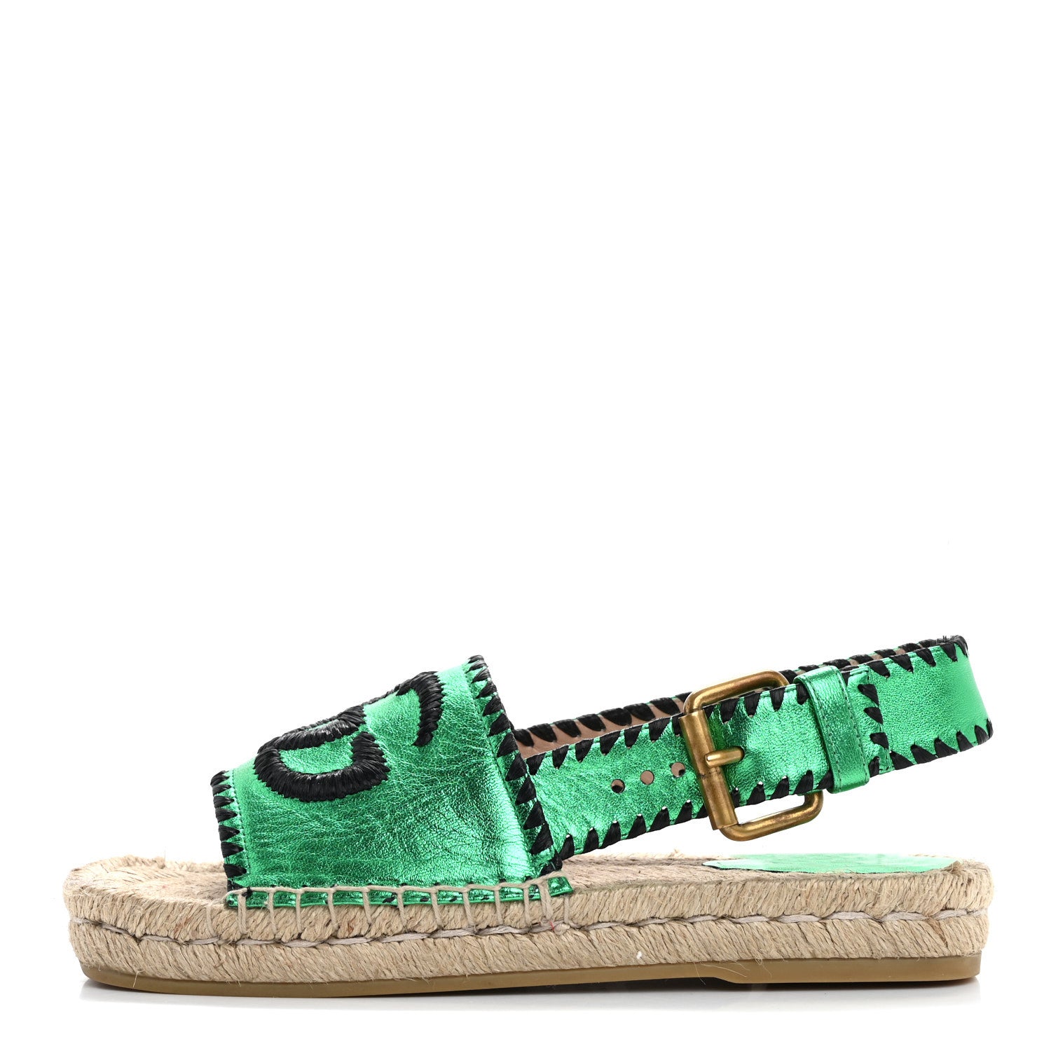 Gucci Metallic Nappa Embroidered Double G Espadrille Slingback Sandals 35 Green 1 of 17