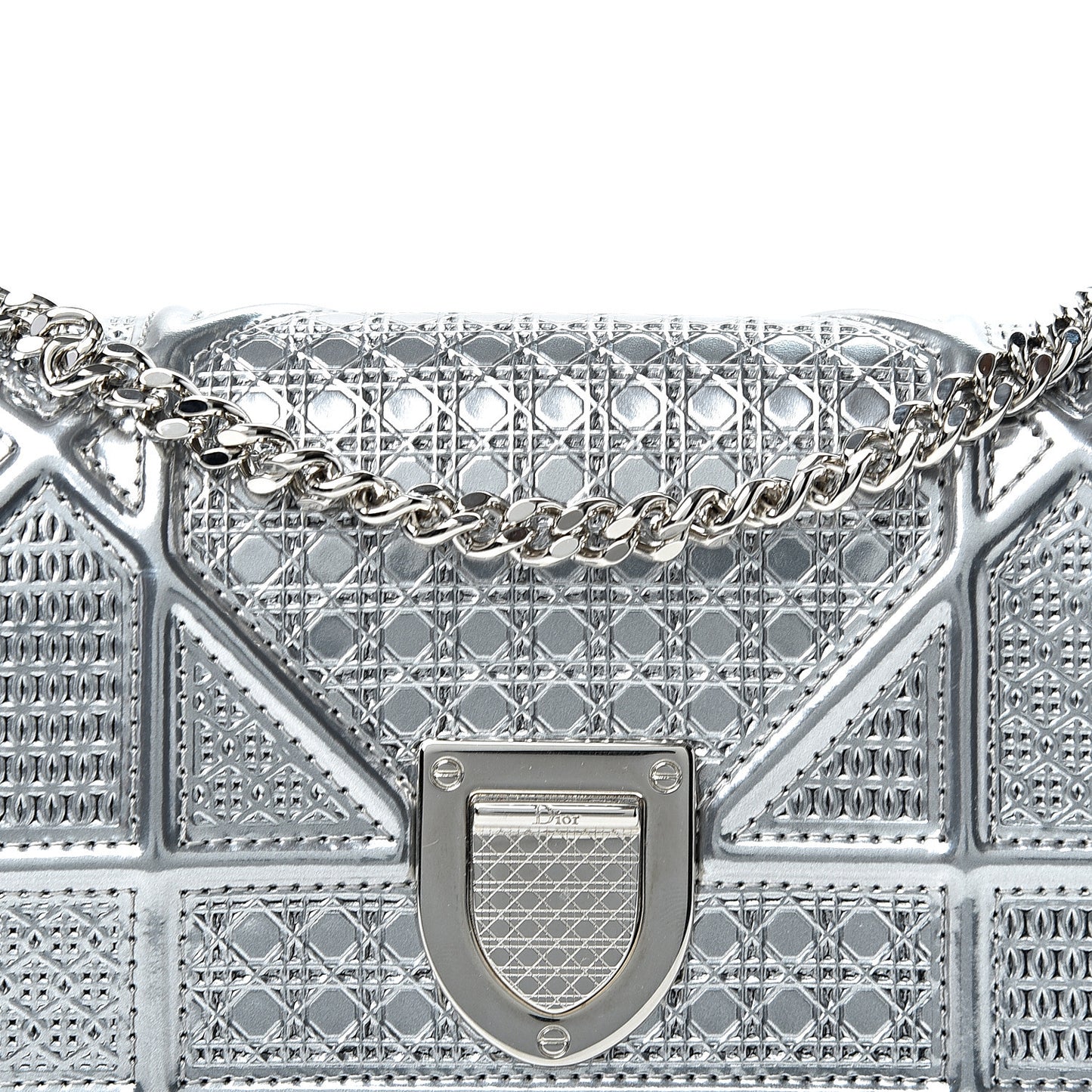 Metallic Patent Micro-Cannage Baby Diorama Flap Bag Silver
