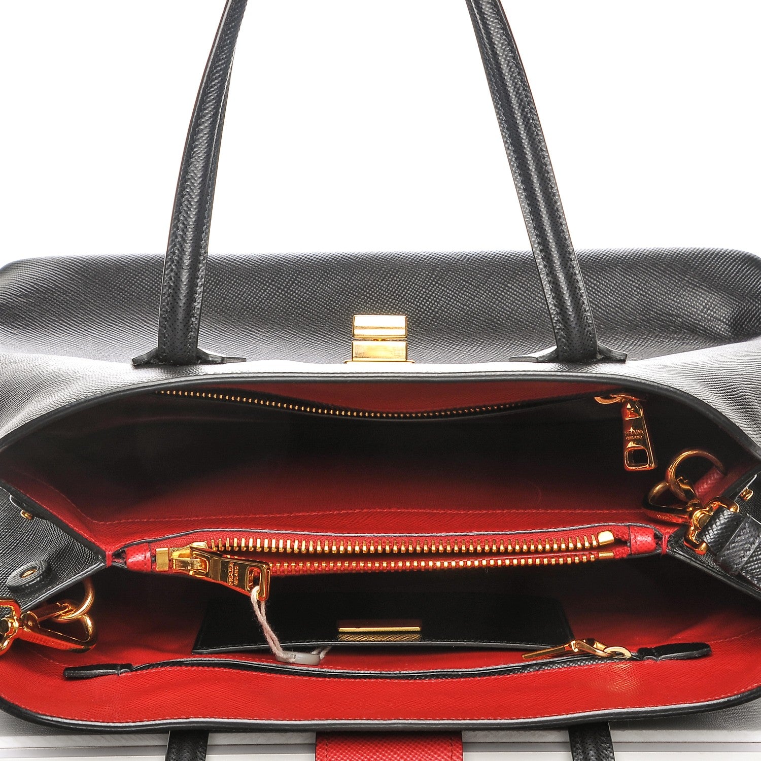 Prada Saffiano Cuir Bi-Color Double Handle Tote Black Fuoco 5 of 8