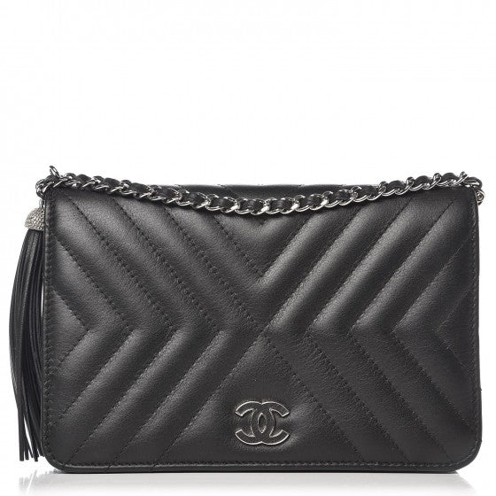Chanel Calfskin Chevron Quilted Tassel Wallet On Chain Black 1 of 9