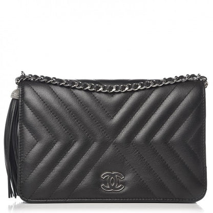 Chanel Calfskin Chevron Quilted Tassel Wallet On Chain Black 1 of 9