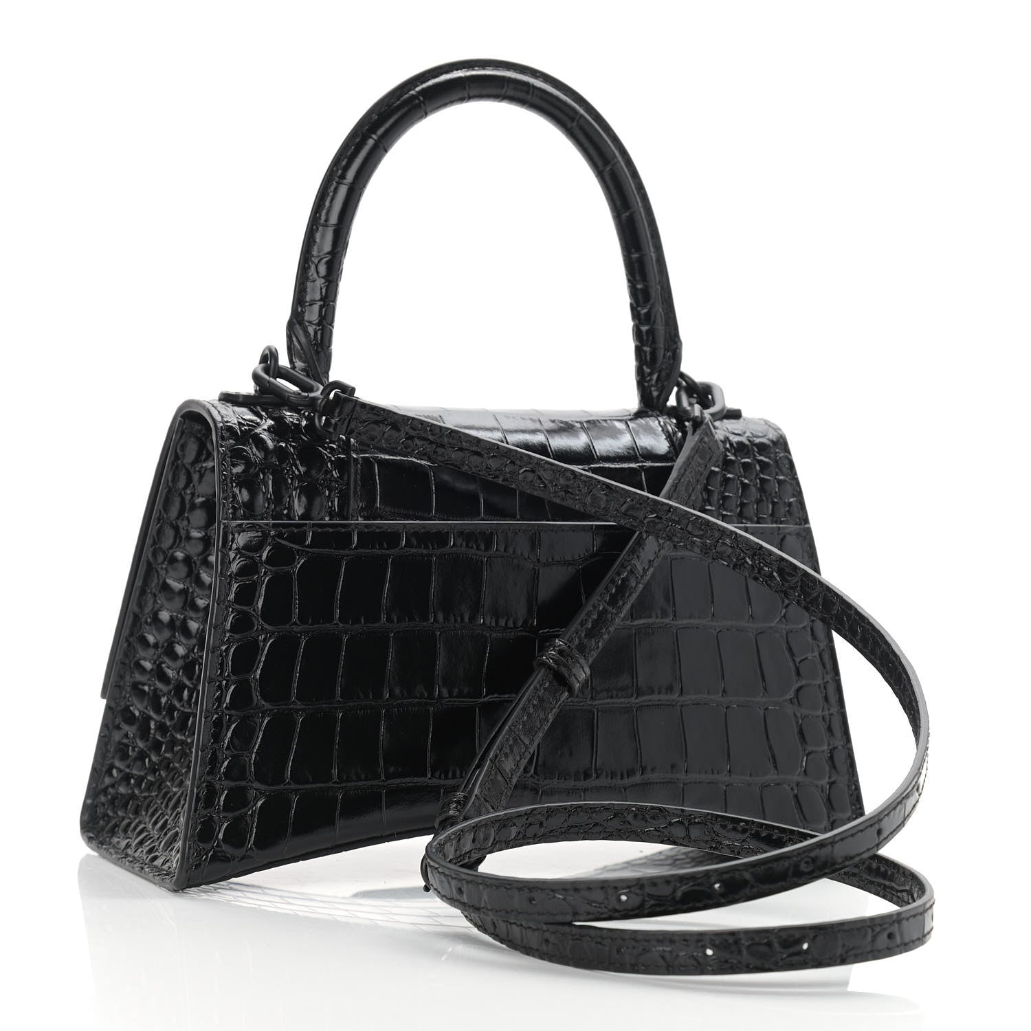 Balenciaga Shiny Calfskin Monochrome Crocodile Embossed Small Hourglass Top Handle Bag Black 3 of 8