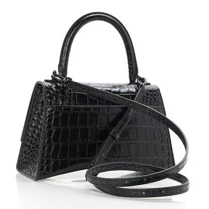Balenciaga Shiny Calfskin Monochrome Crocodile Embossed Small Hourglass Top Handle Bag Black 3 of 8