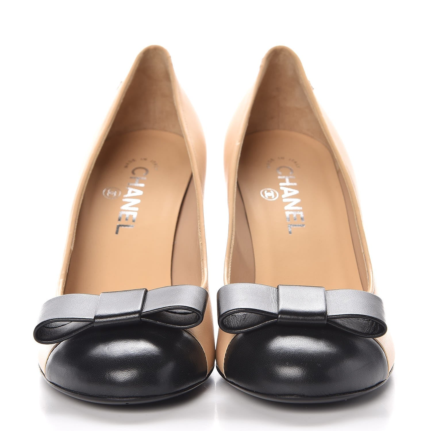 Chanel Lambskin Cap Toe Bow Pumps 40 Beige Black 2 of 10