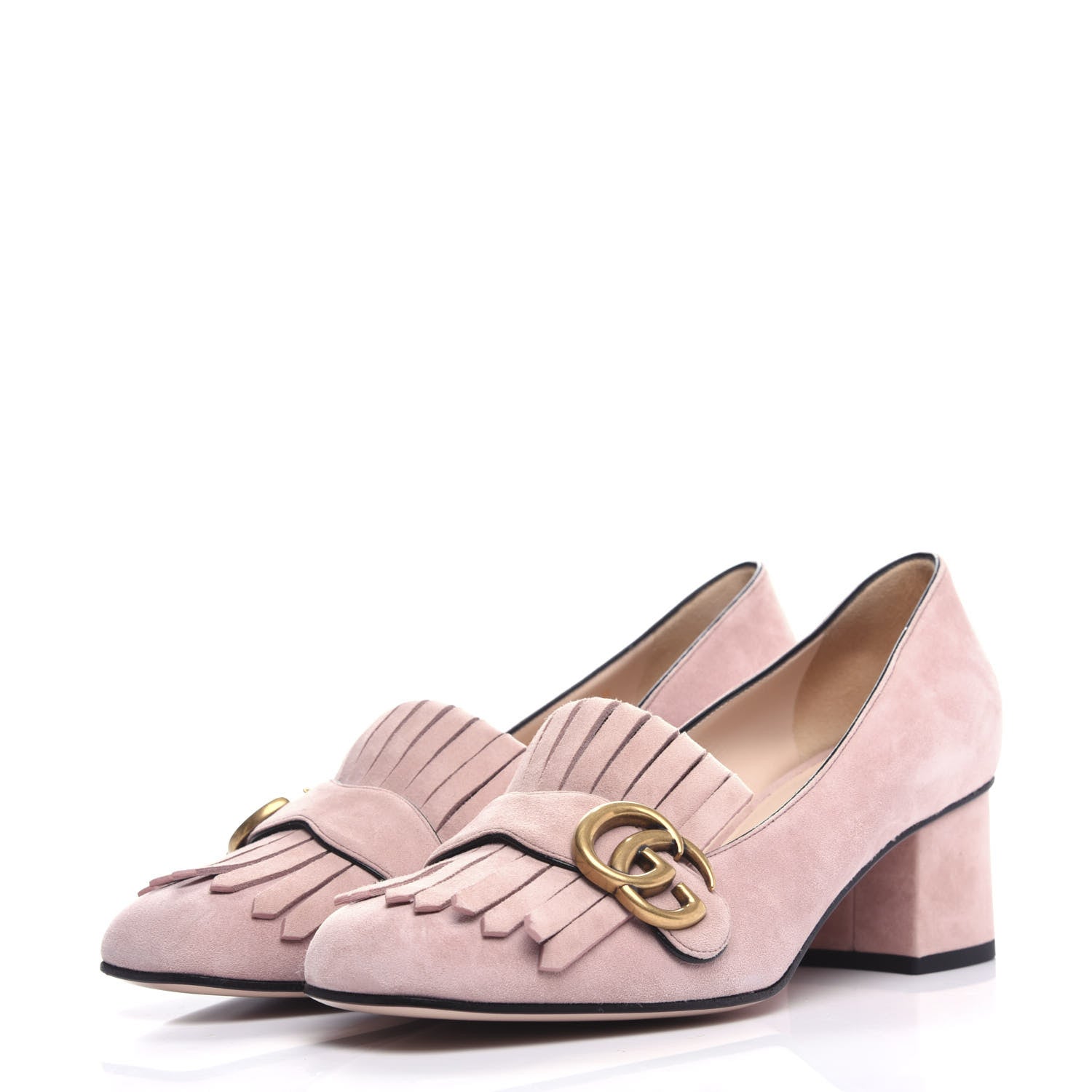 Gucci Kid Scamosciato GG Marmont Fringe 50mm Loafer Pumps 38.5 Crystal Pink 3 of 12