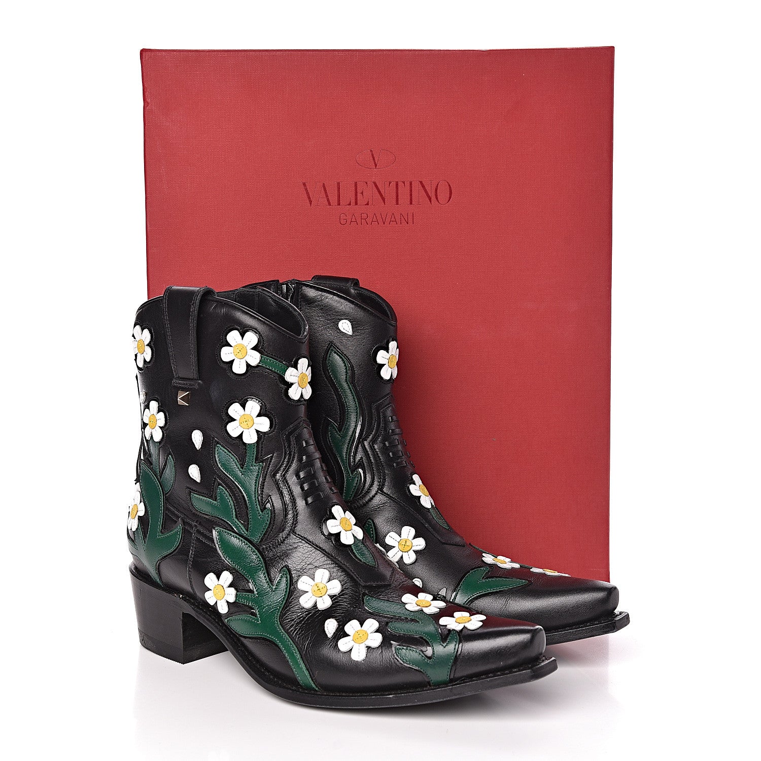 Valentino Garavani Calfskin Ranch Daisy Applique Ankle Boots 39 Black 13 of 13