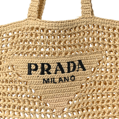 Prada Yarn Raffia Effect Crochet Logo Embroidered Tote Bag Naturale 7 of 9