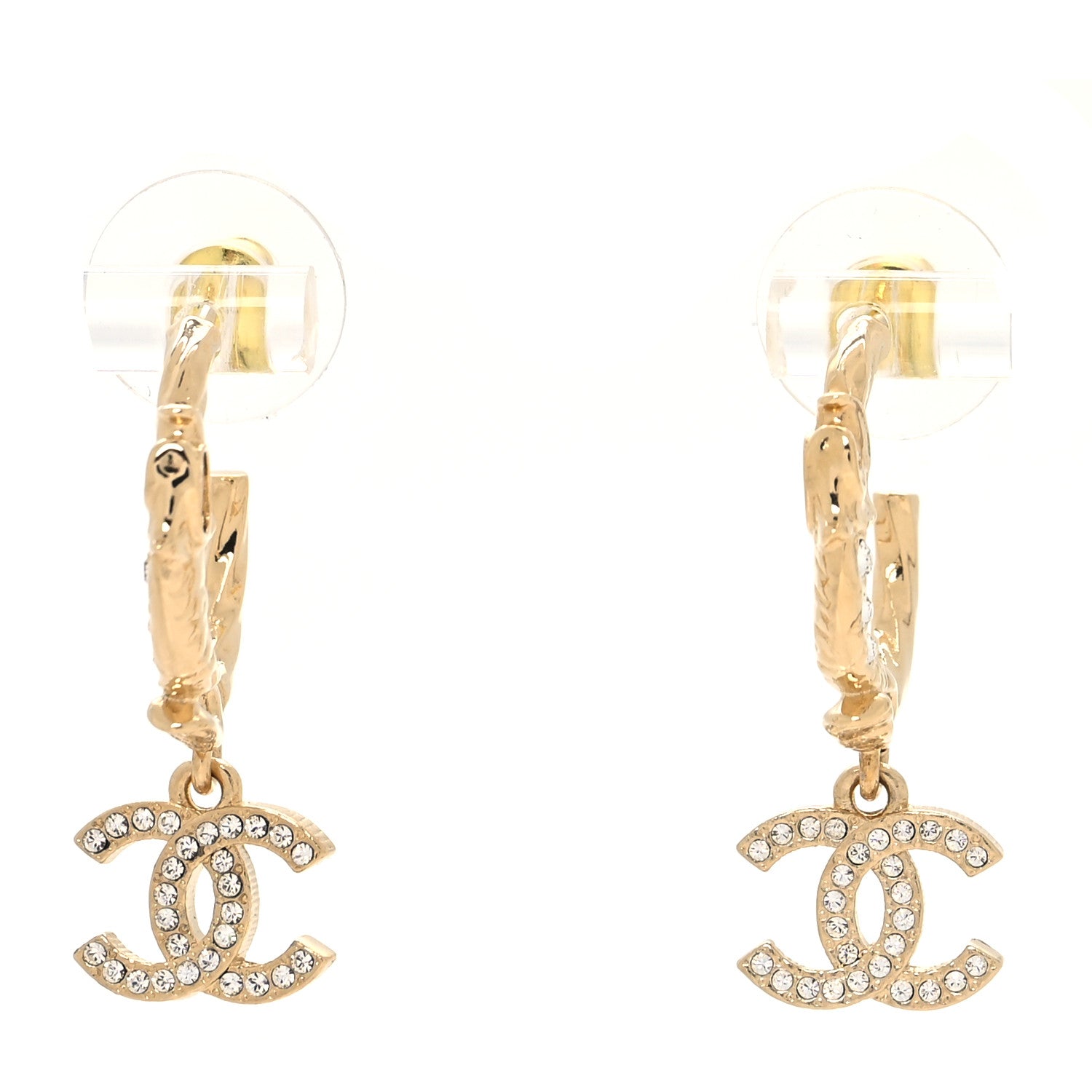 Chanel Metal Crystal Studded CC Hoop Drop Earrings Gold 1 of 4