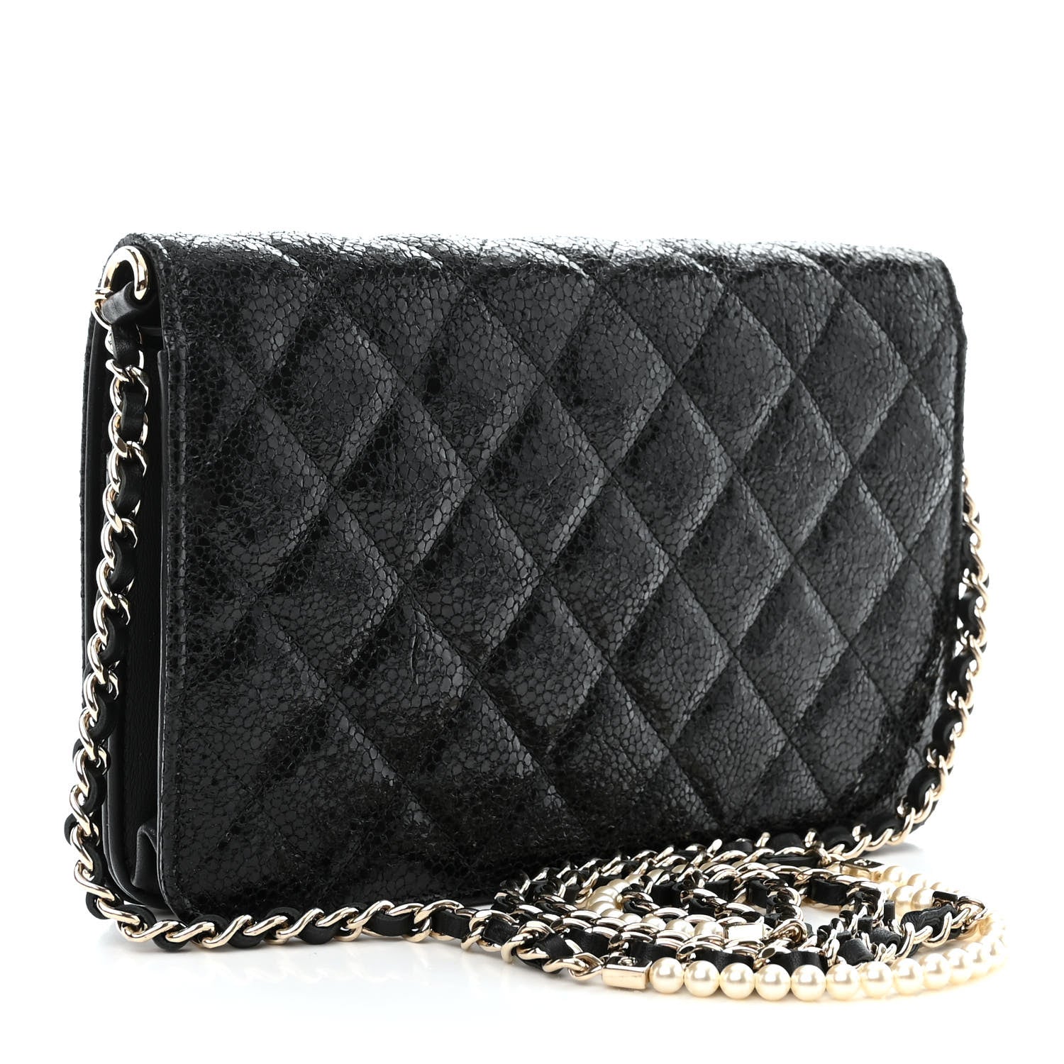 Chanel Crackled Patent Calfskin Quilted Pearl Wallet On Chain WOC Black 3 of 13