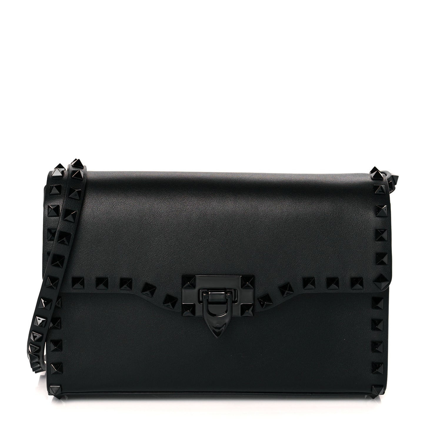 Vitello Monochrome Medium Rockstud Flip Lock Crossbody Bag Black