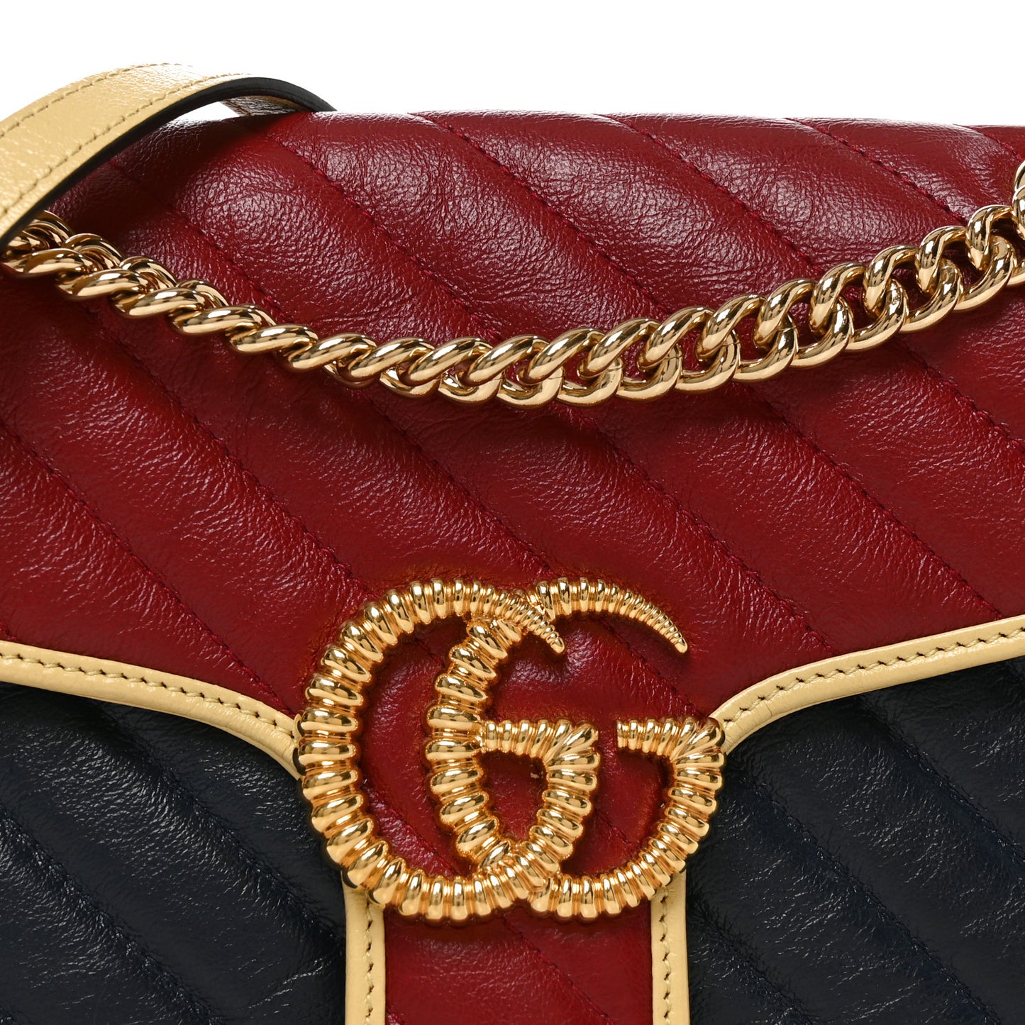 Azalea Calfskin Matelasse Diagonal Small Torchon GG Marmont Shoulder Bag Blue Agata New Cherry Red Butter