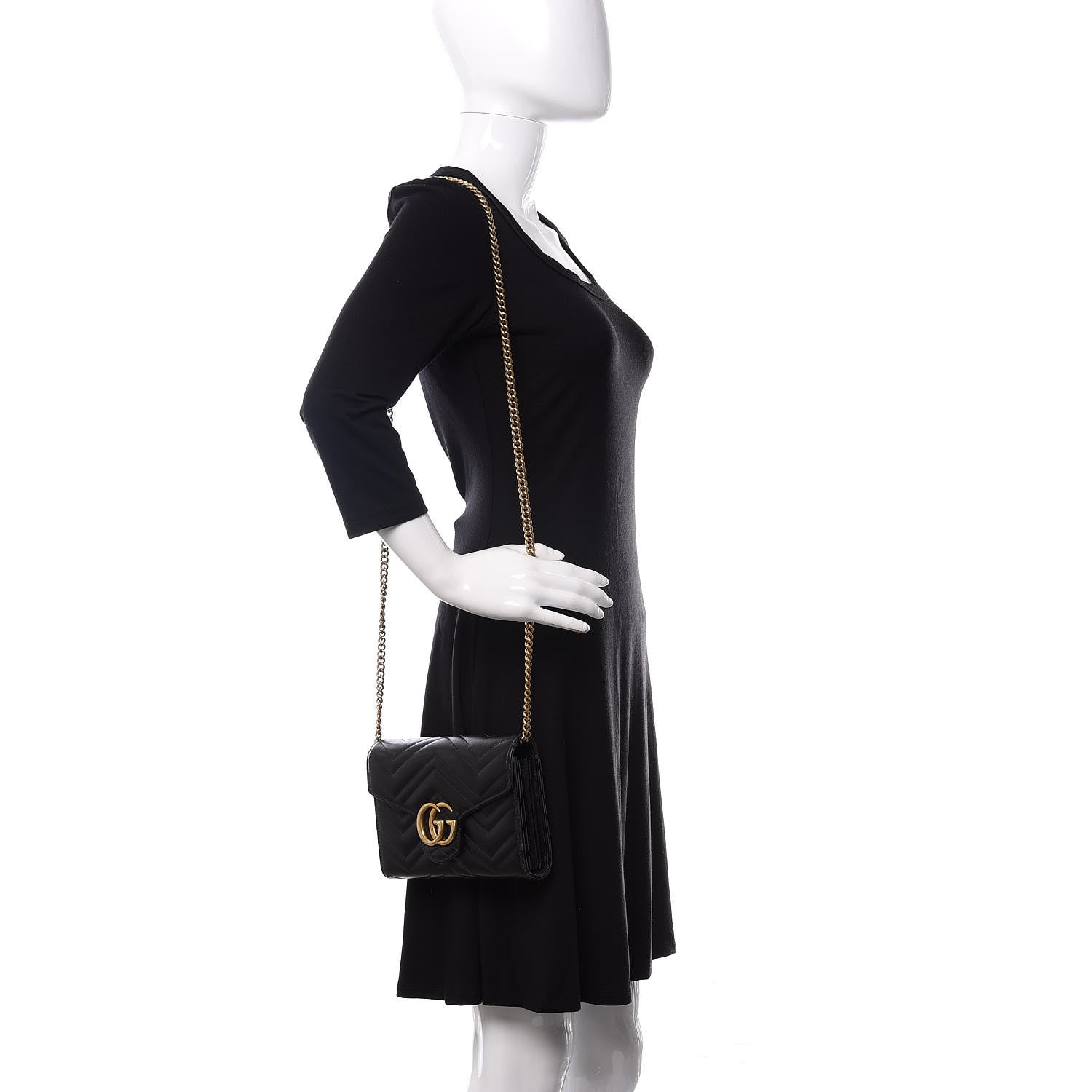 Gucci Calfskin Matelasse GG Marmont Chain Wallet Black 2 of 12