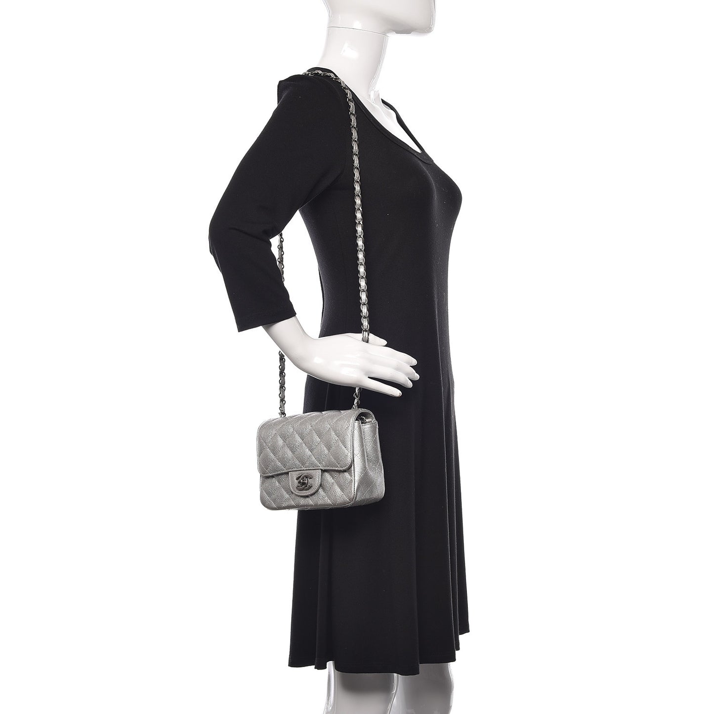 Metallic Caviar Quilted Mini Square Flap Silver