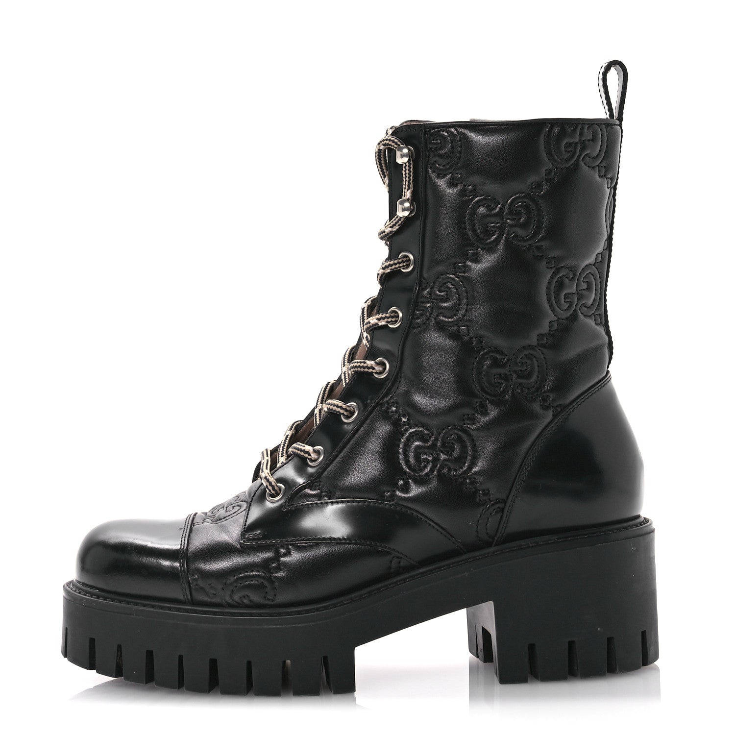 Gucci Cordovan Lux Nappa GG Matelasse Lace Up 60mm Combat Boots 38.5 Black 1 of 10