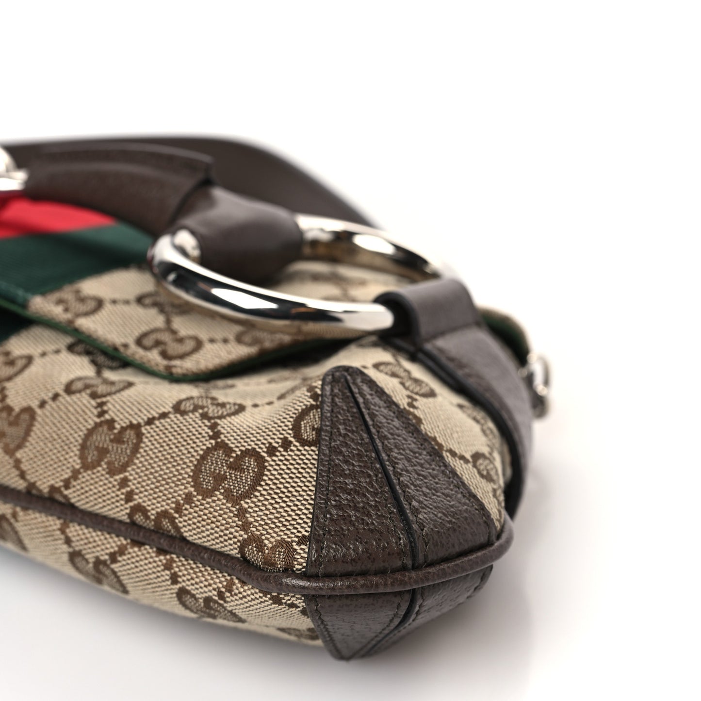 Monogram Textured Dollar Calfskin Heavy Grosgrain Web Medium Maxi Horsebit Chain Shoulder Bag Beige Ebony New Acero
