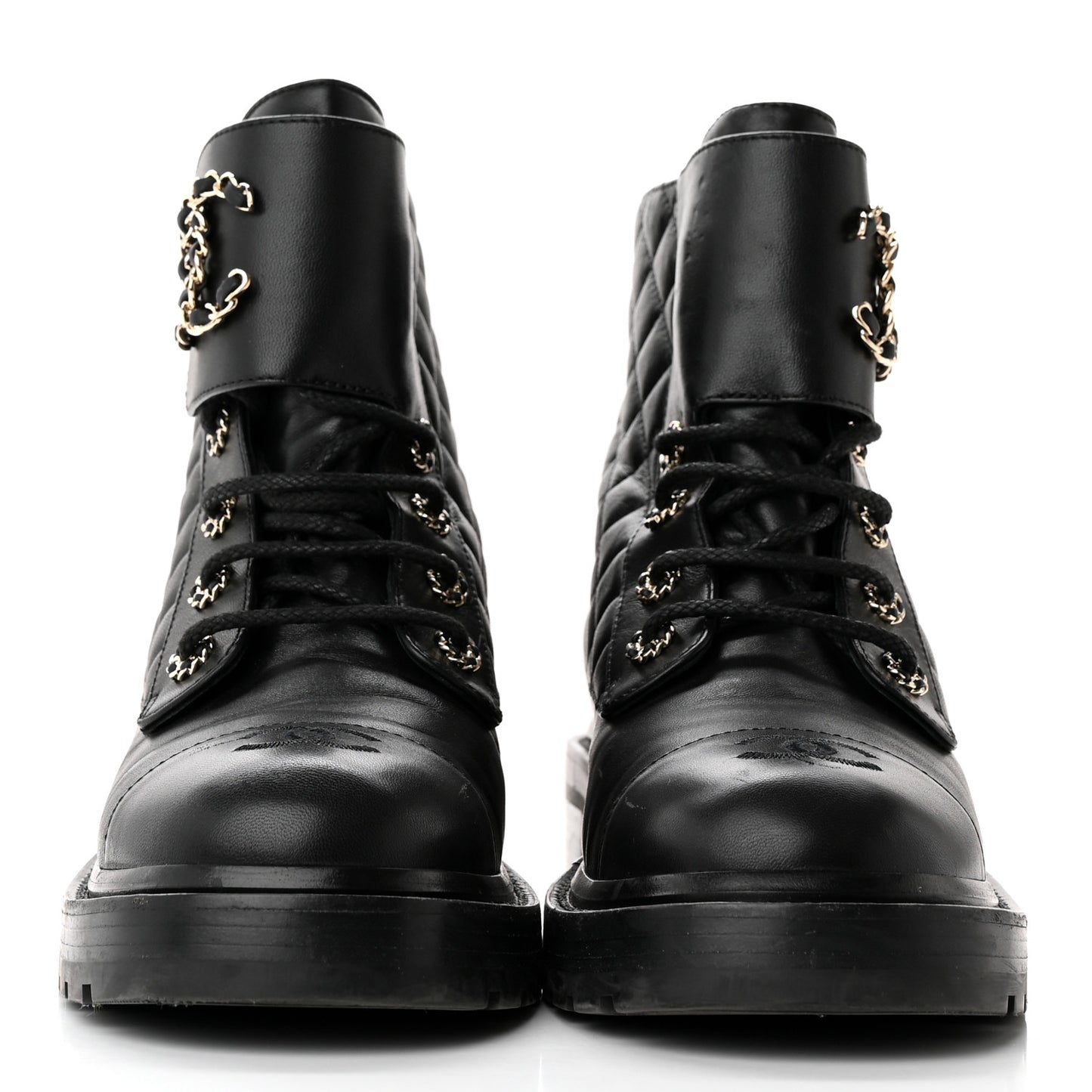 Shiny Lambskin Quilted Lace Up Combat Boots 40.5 Black