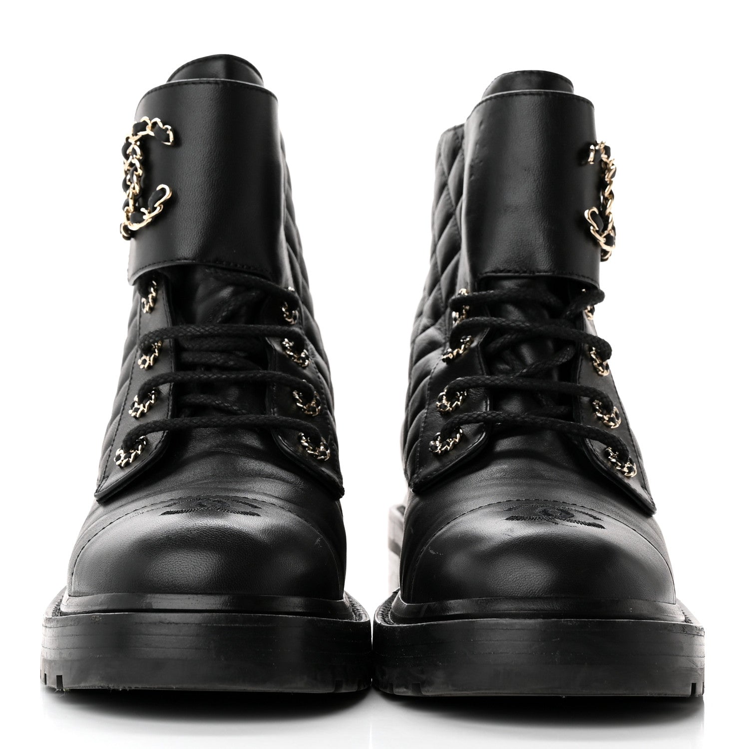 Chanel Shiny Lambskin Quilted Lace Up Combat Boots 40.5 Black 2 of 14