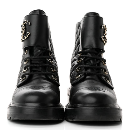 Chanel Shiny Lambskin Quilted Lace Up Combat Boots 40.5 Black 2 of 14