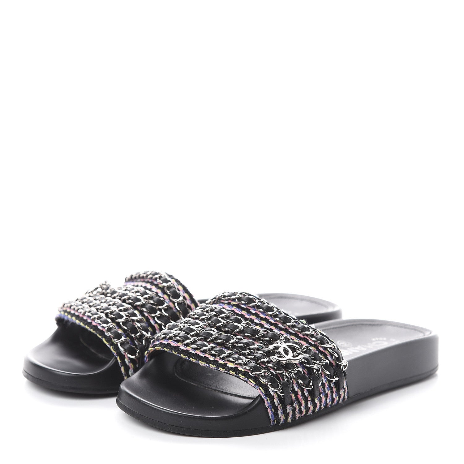 Chanel Tweed Lambskin Chain Flat Sandals 36 Black Multicolor 3 of 7