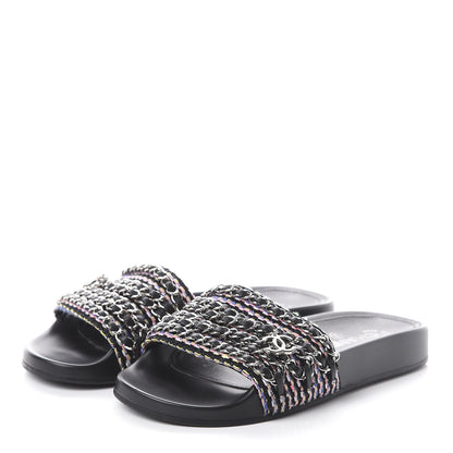 Chanel Tweed Lambskin Chain Flat Sandals 36 Black Multicolor 3 of 7