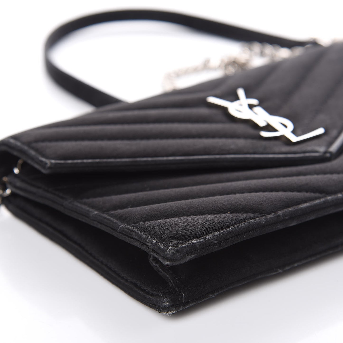 Satin Chevron Monogram Envelope Chain Wallet Black