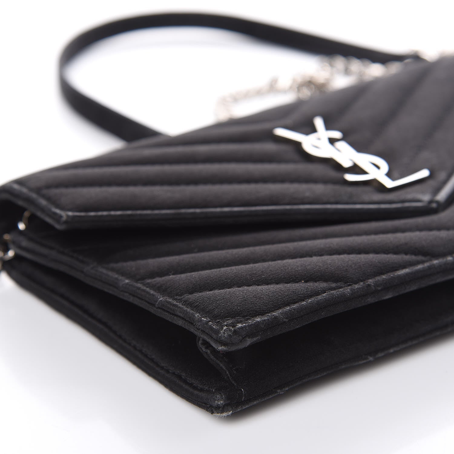 Saint Laurent Satin Chevron Monogram Envelope Chain Wallet Black 7 of 15