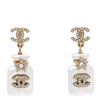 Chanel Pearl Resin Crystal CC Perfume Bottle Drop Earrings Gold Pearly White 1 of 5