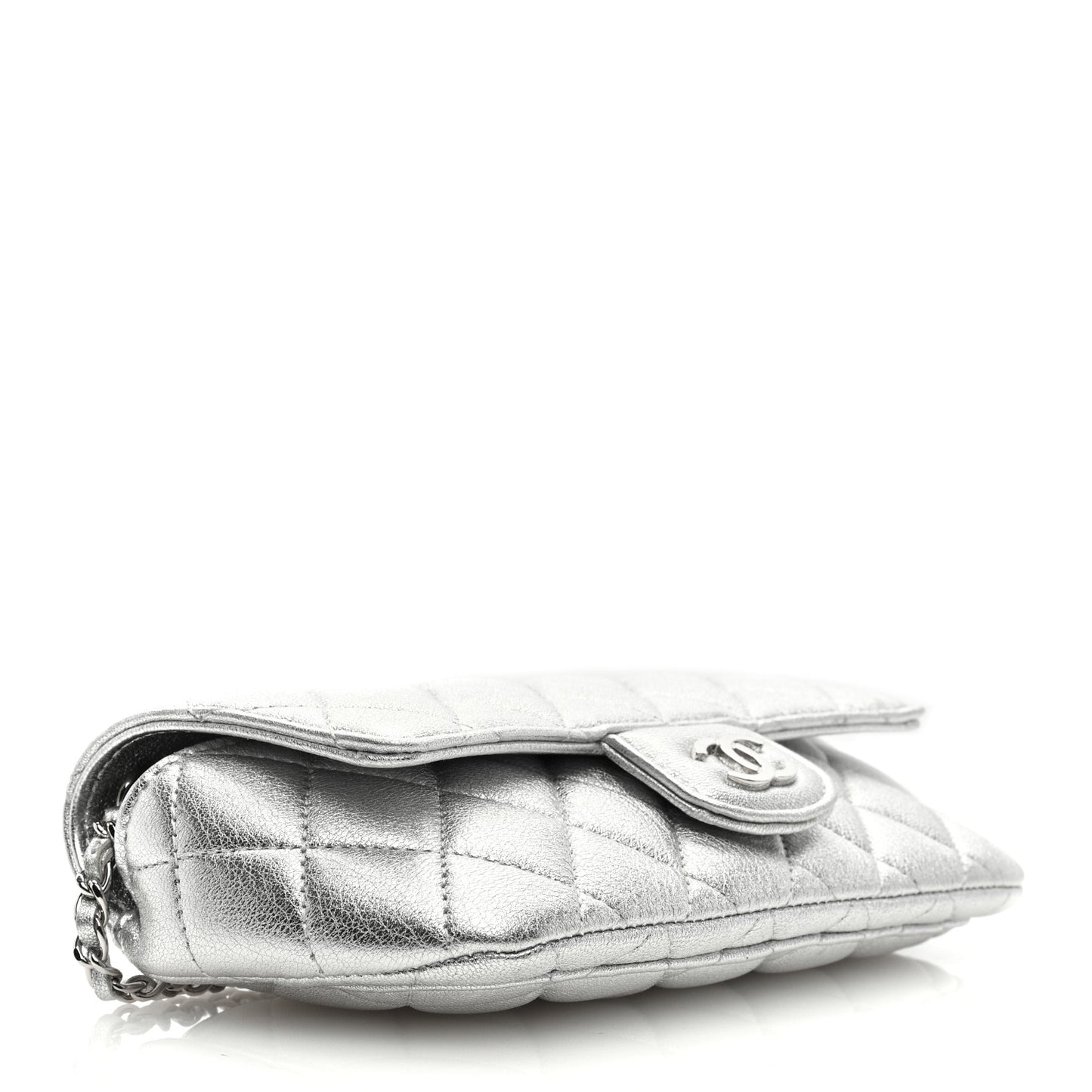 Metallic Lambskin Quilted Glasses Case With Chain Silver