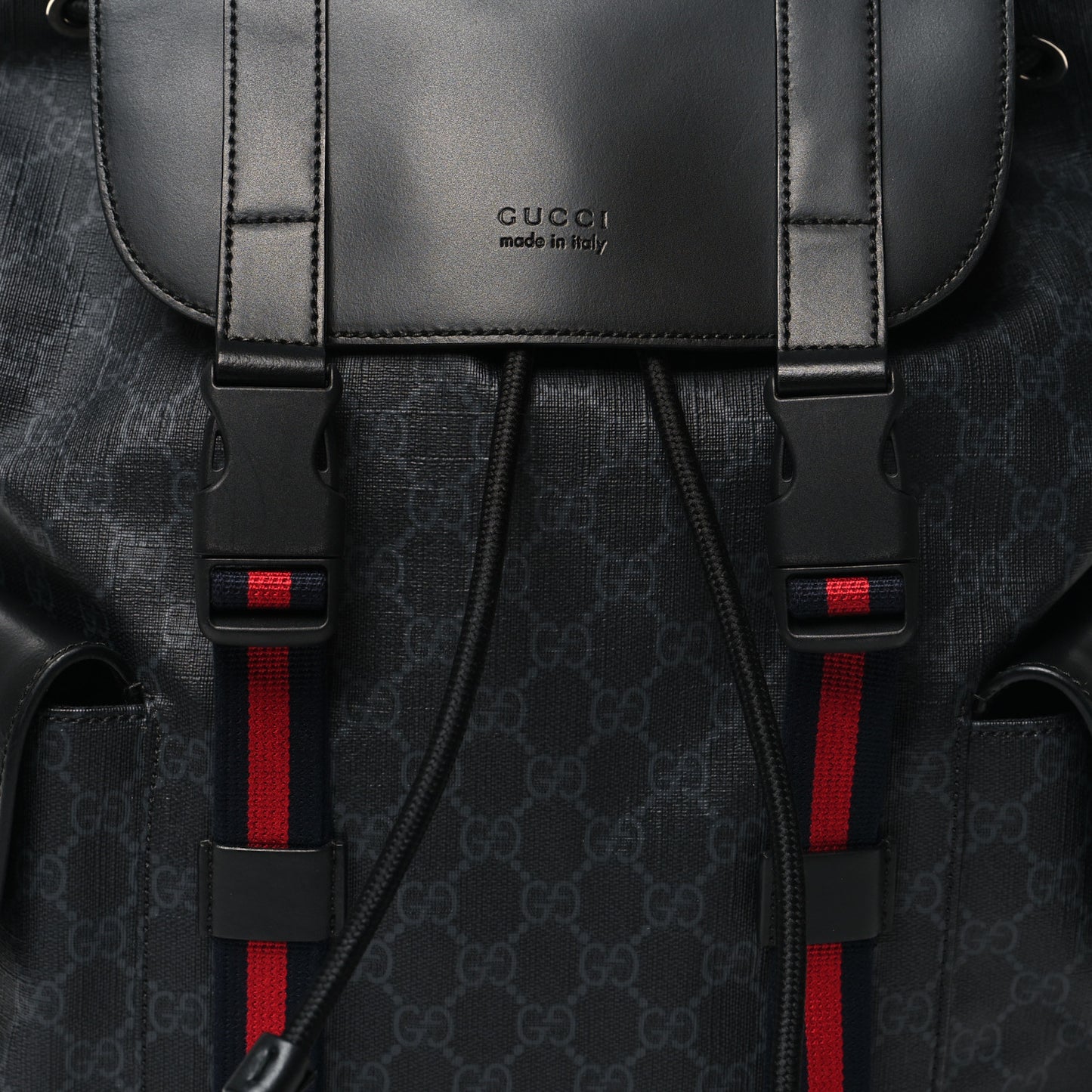 Soft GG Supreme Monogram Calfskin Web Double Buckle Backpack Black
