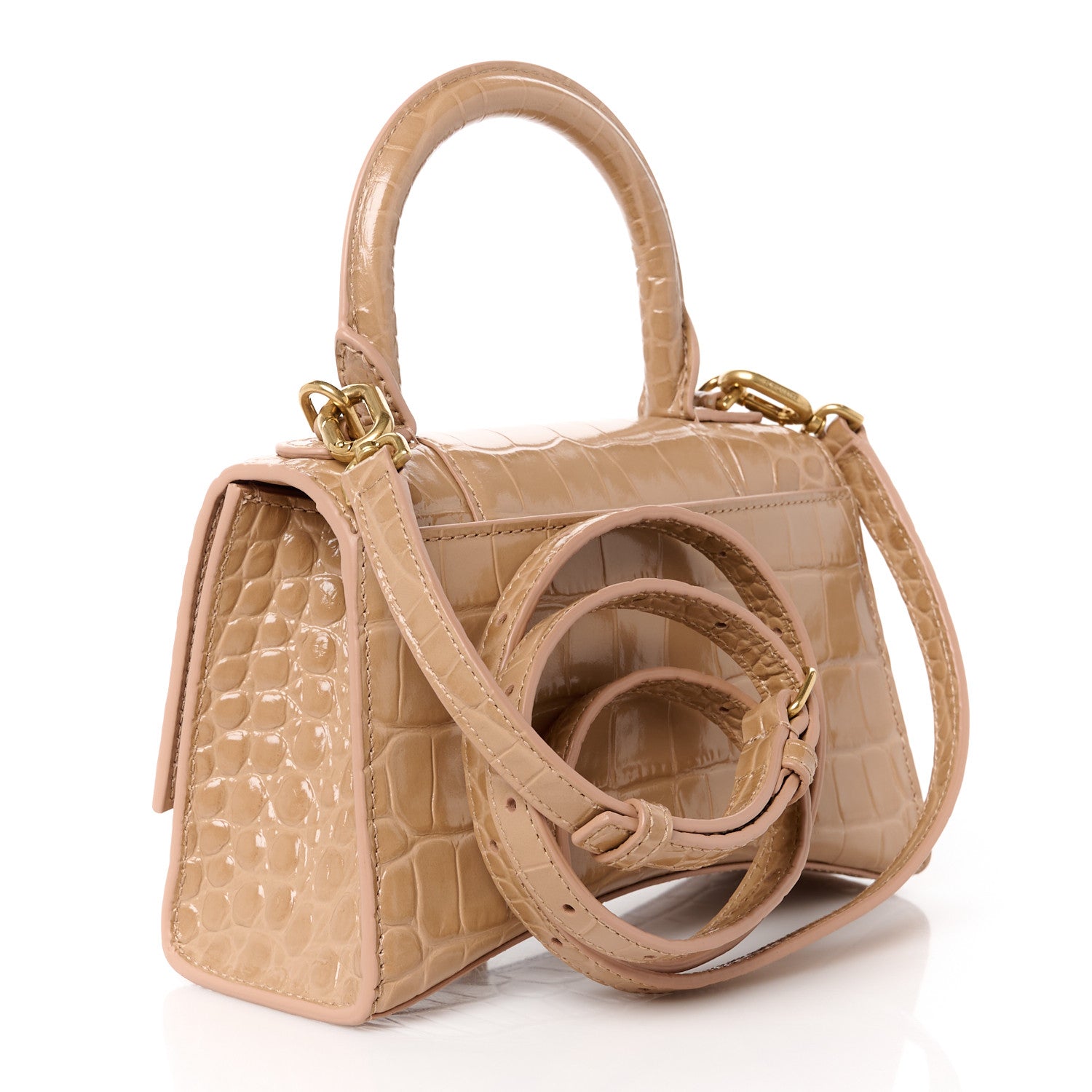 Balenciaga Shiny Calfskin Crocodile Embossed Hourglass Top Handle Bag XS Nude Beige 3 of 12