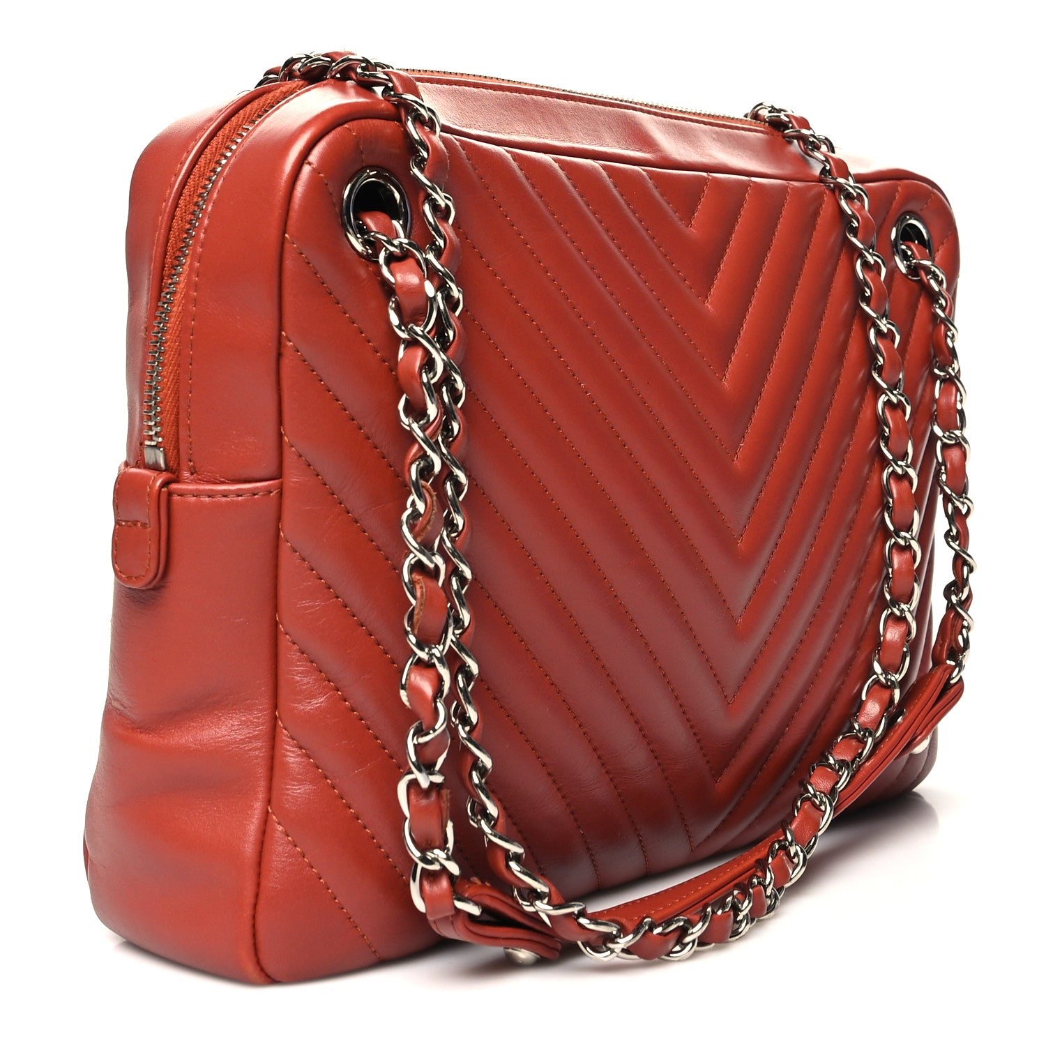 Chanel Calfskin Chevron Quilted Double Camera Bag With Flap Red 3 of 14
