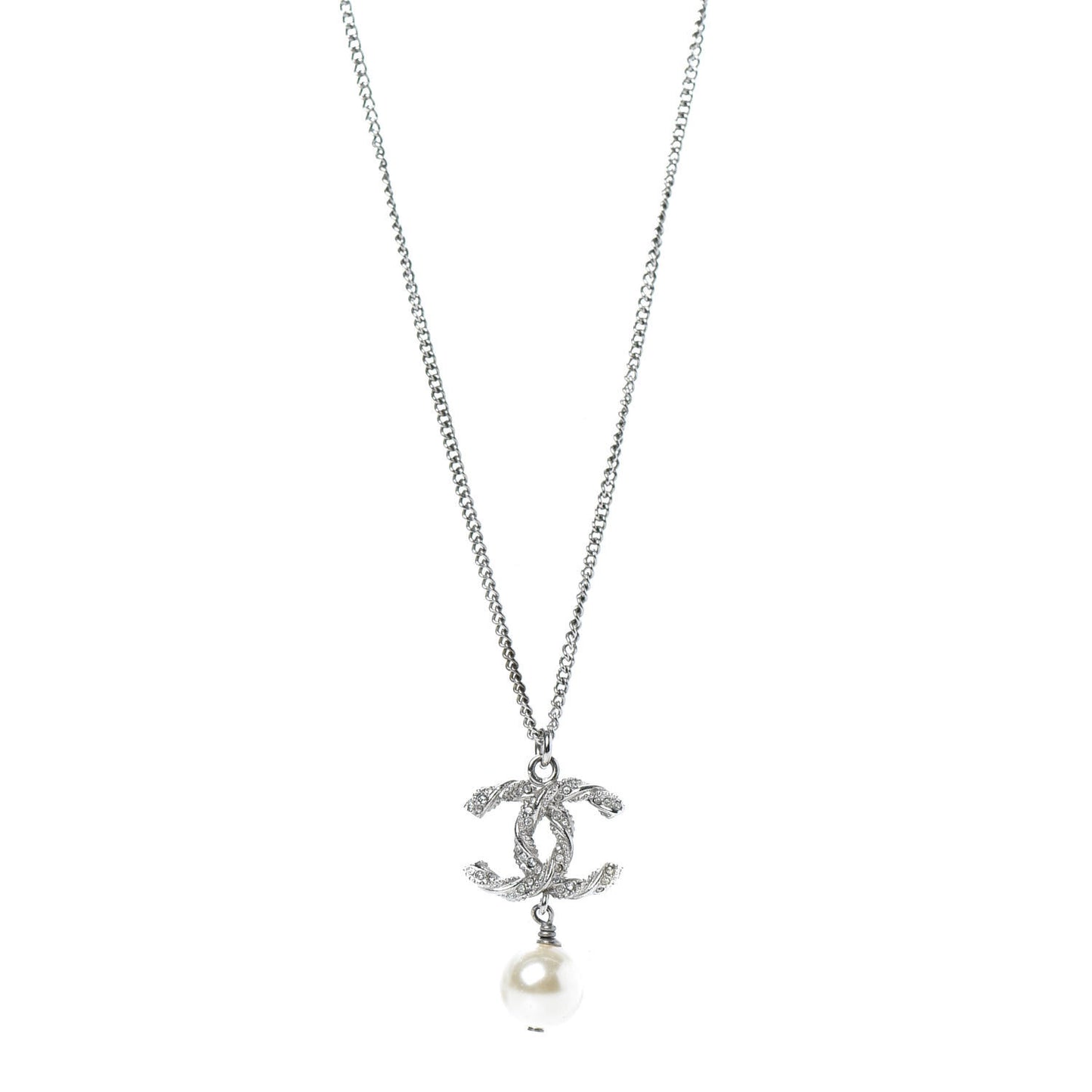 Crystal Pearl Twisted CC Drop Necklace Silver