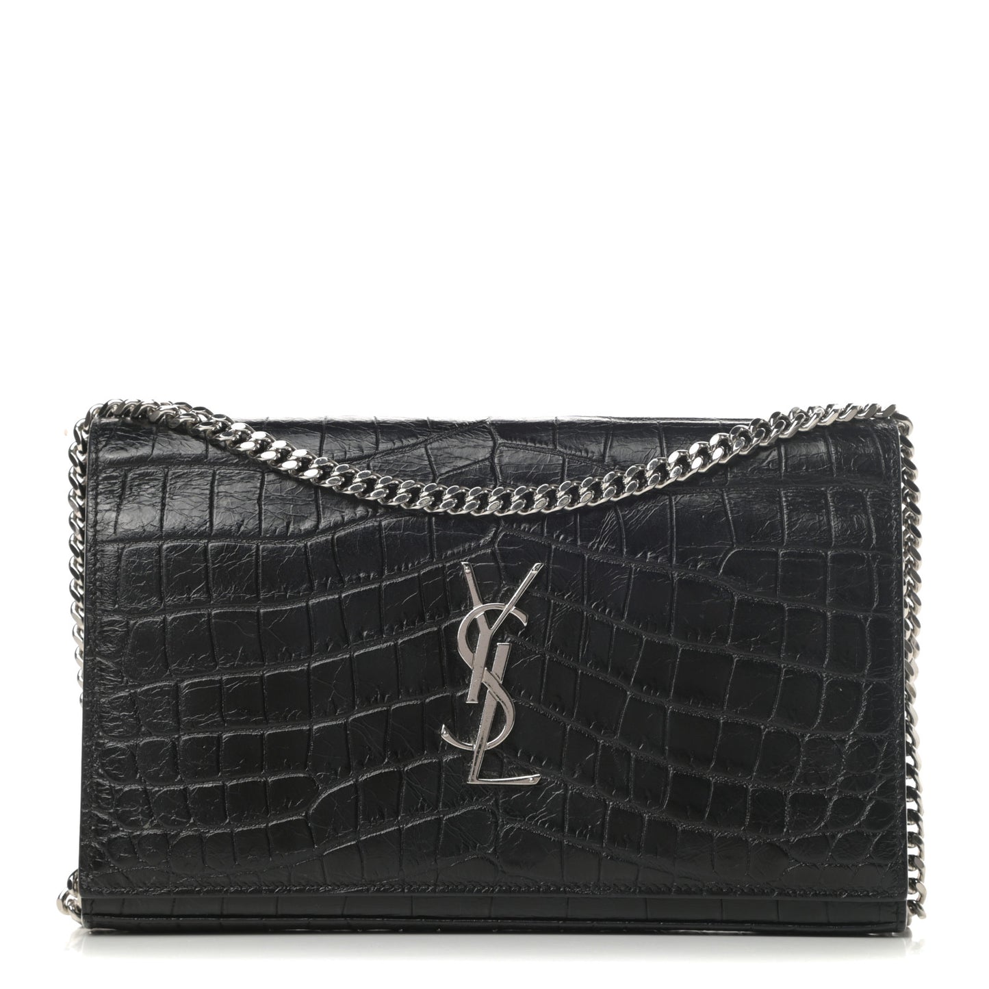 Calfskin Crocodile Embossed Monogram Chain Wallet Black