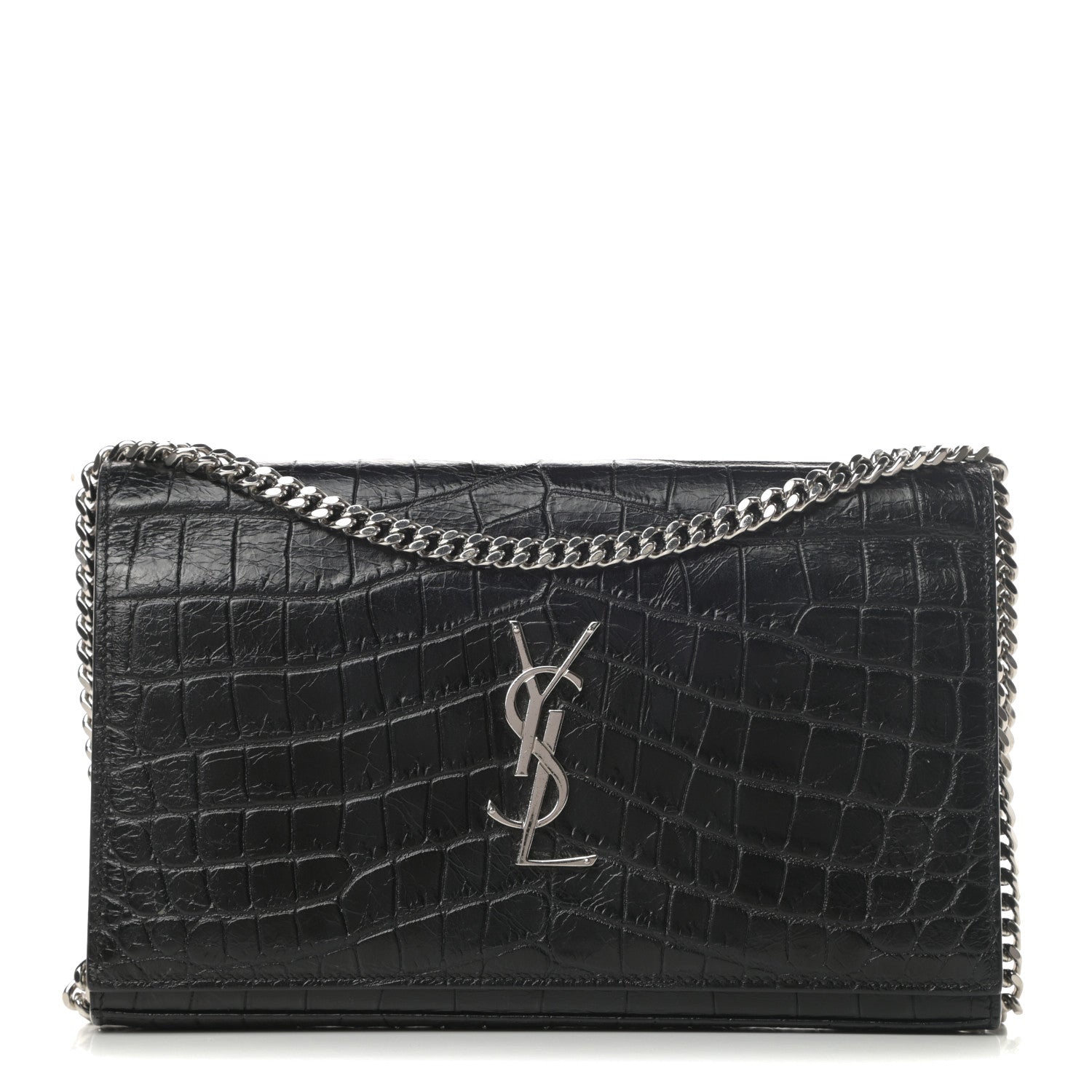 Saint Laurent Calfskin Crocodile Embossed Monogram Chain Wallet Black 1 of 14
